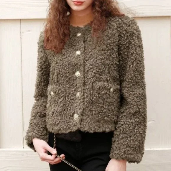 Brown Teddy faux fur Button Down with Pockets  Jacket Coat - Picture 6 of 7